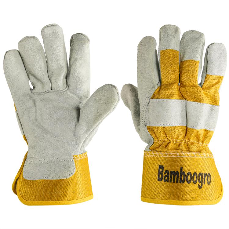 Pair of gray-and-yellow leather work gloves with stitched cuffs and Bamboogro branding