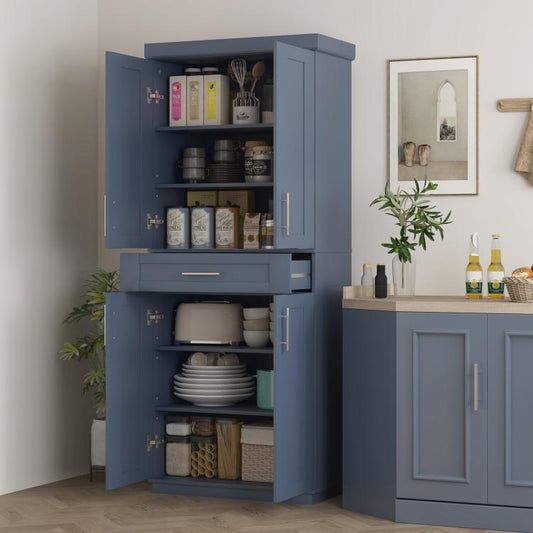 Modern Kitchen Pantry Freestanding Cabinet Cupboard with Doors and Drawer, Adjustable Shelving, Navy Blue