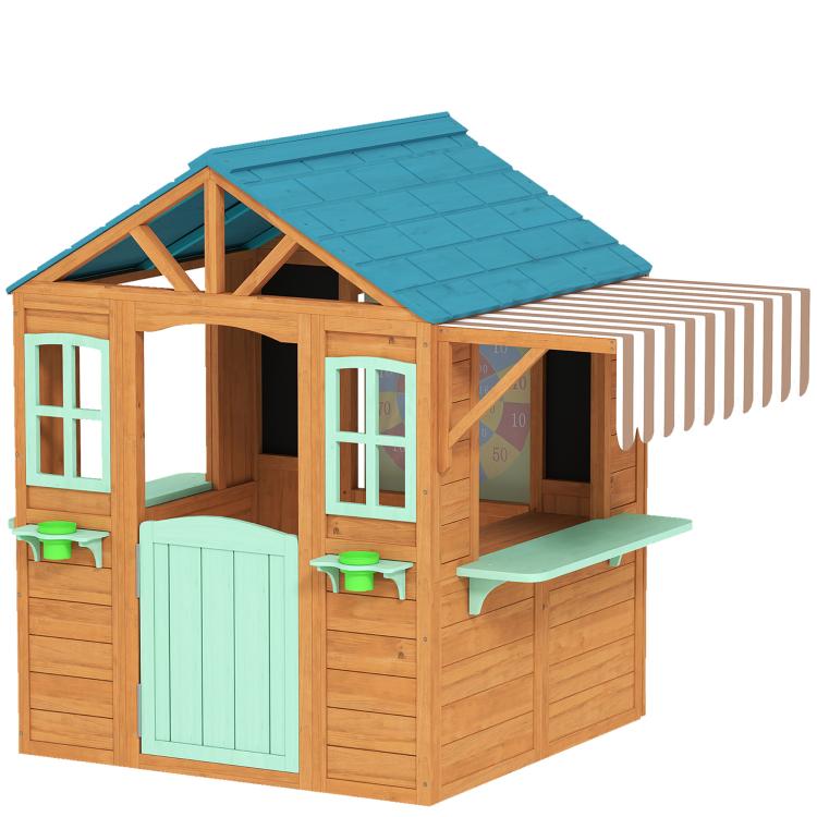 Wooden outdoor playhouse with blue roof, windows, and half door