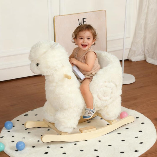 Kids Alpaca Rocking Horse Ride-On Toy for Toddlers 18-36 Months, Plush Rocker with Jingle Bells Song, Hand Puppet, Safety Belt & Wooden Base, White, CPC Certified, Gift for Boys Girls