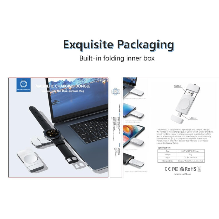 Wireless magnetic charging dongle retail packaging with product photo and specs