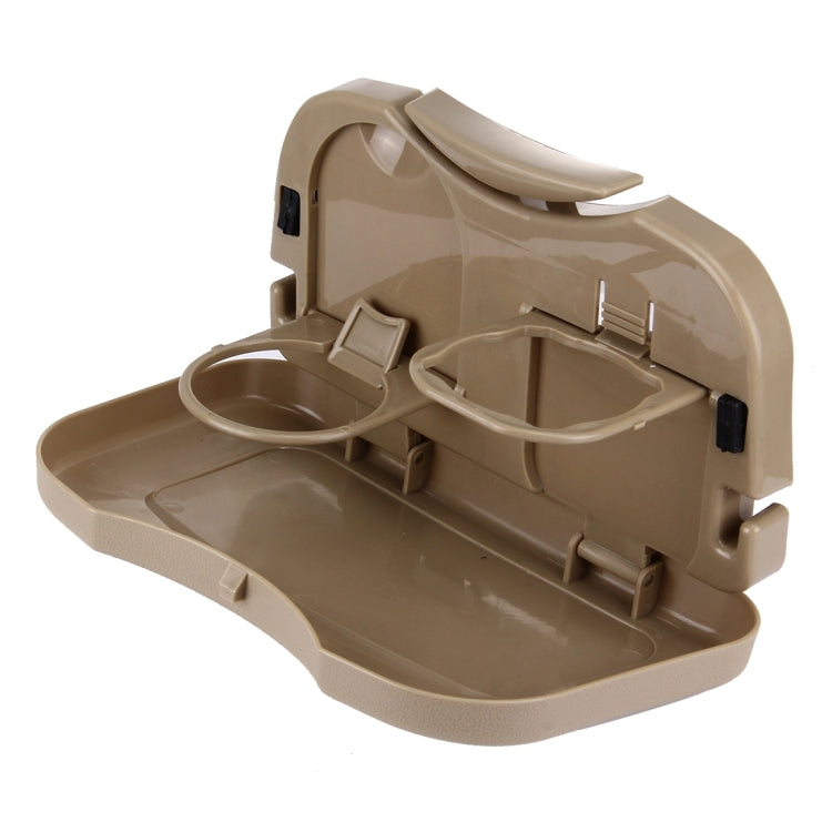Beige folding car back-seat table tray with cup holders and accessory compartments