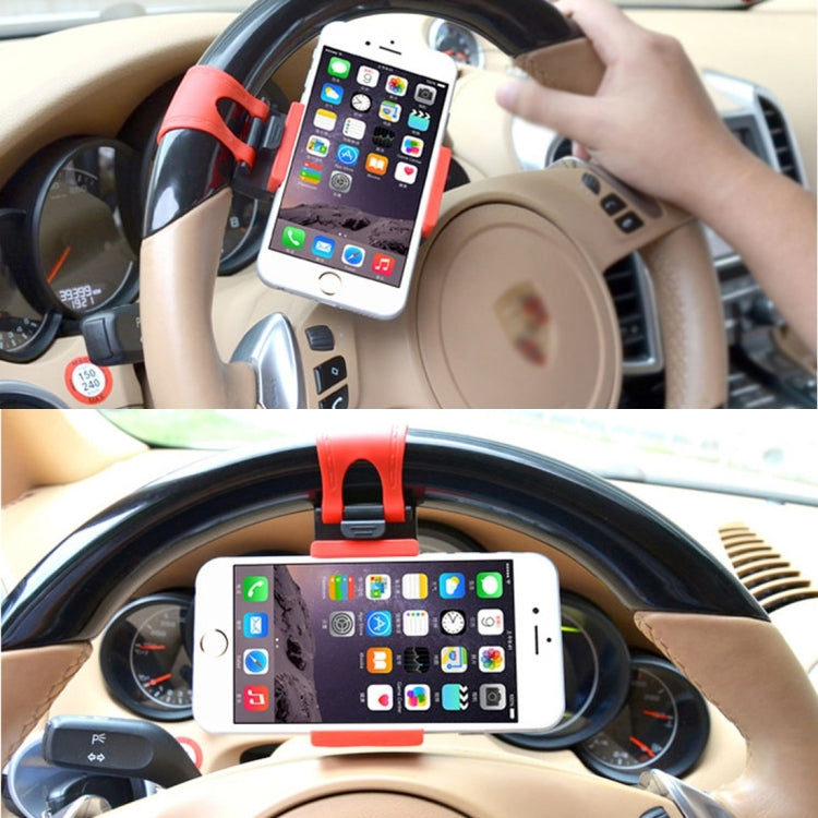 Car steering wheel phone bracket mounted on wheel, holding a smartphone in place