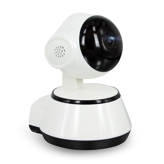 White wireless IP security camera with black dome lens and small speaker grille