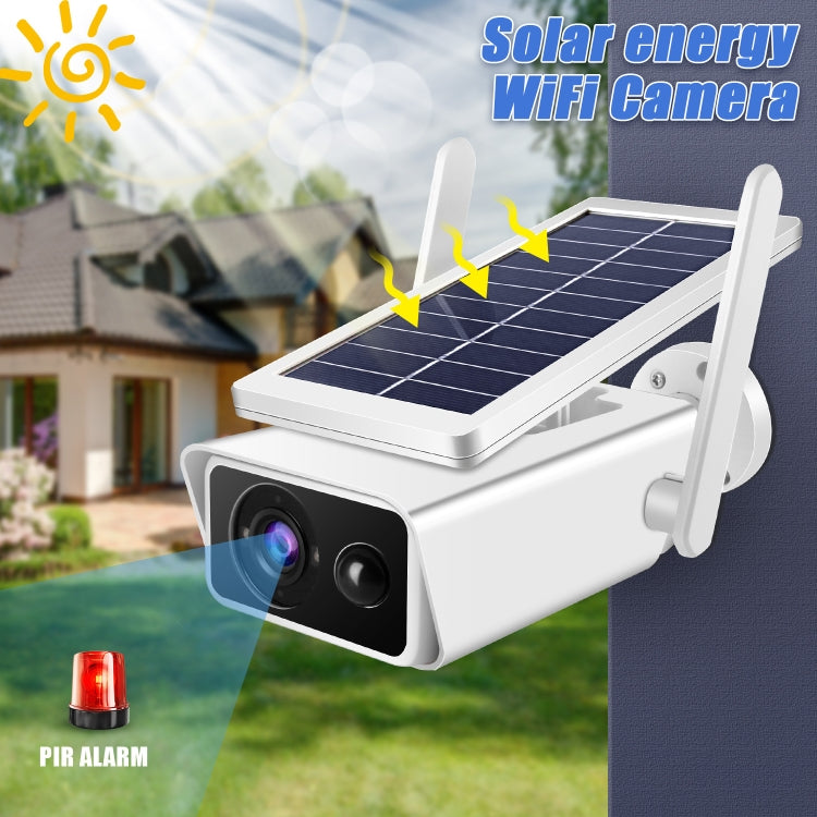 Solar-powered security camera with dual antennas and solar panel, outdoor-ready design