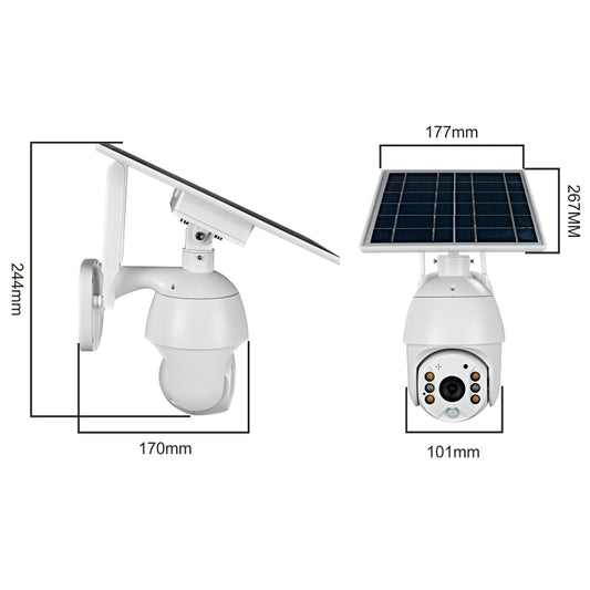 White solar WiFi security camera shown from side and front angles
