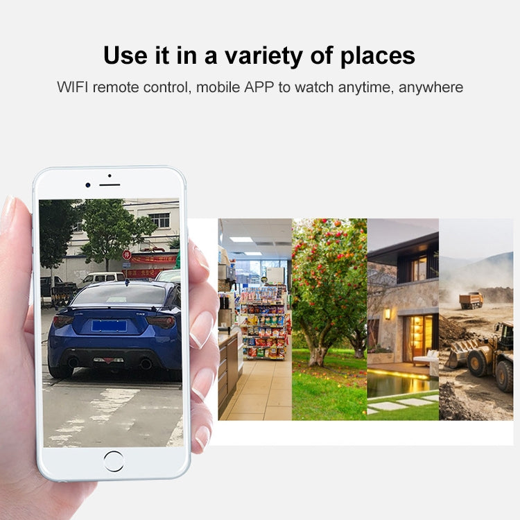 Hand holding smartphone displaying surveillance camera live view across multiple locations