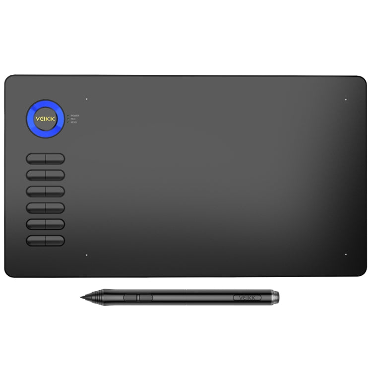 Black graphic tablet with blue accent logo and left-side button cluster, plus stylus