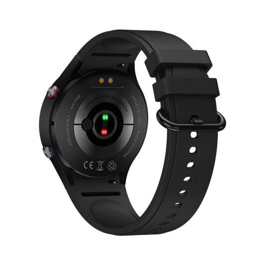 Black smart watch back view with circular sensor area and black silicone band.