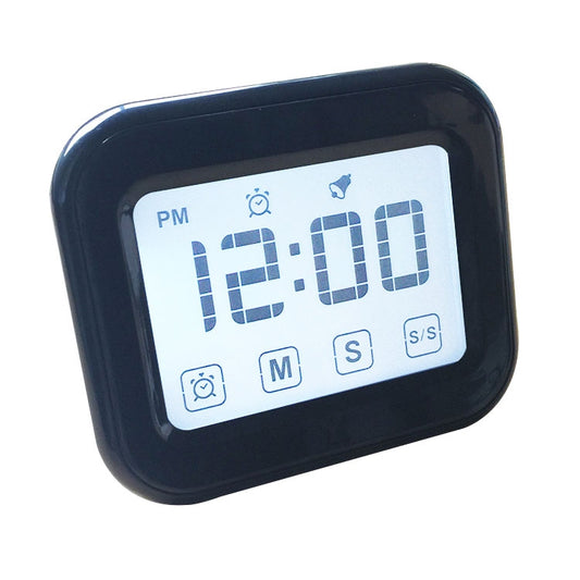 Black digital kitchen timer clock with large LCD touch screen and PM display