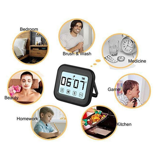Black digital kitchen timer clock with LCD showing 06:07 and touch controls