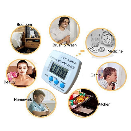 Digital kitchen timer shown with use icons for bedroom, homework, kitchen, and game
