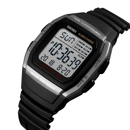 SKMEI black digital watch with large LCD and side buttons, alarm chrono time display