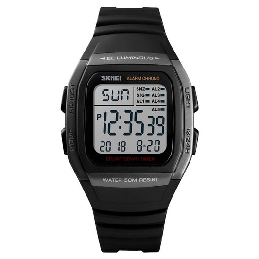 SKMEI black digital watch with rectangular LCD, alarm chrono functions, water 50m
