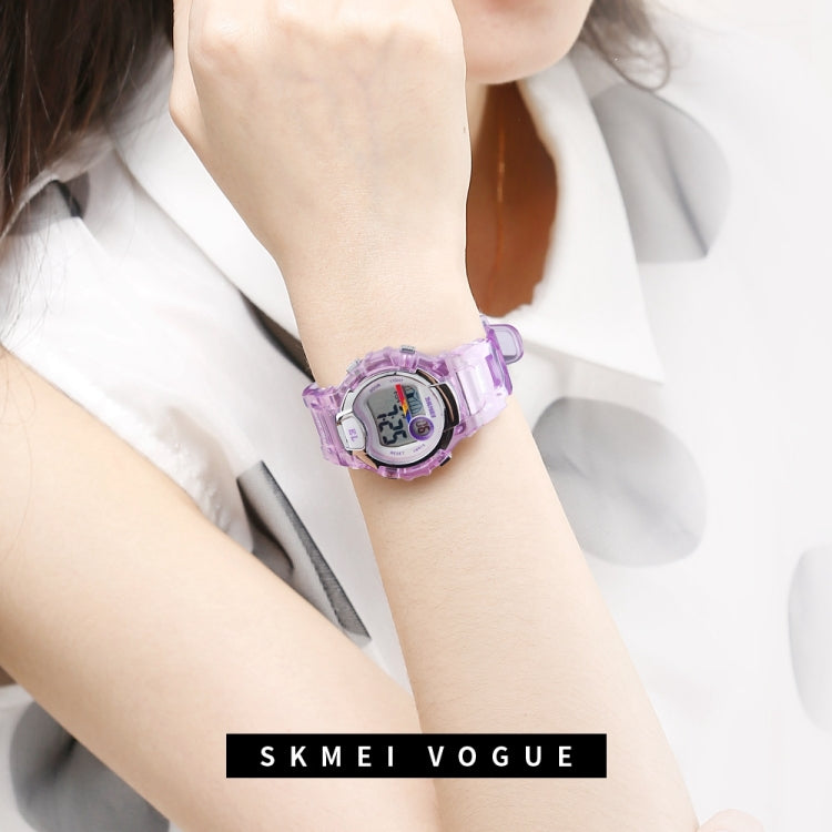 SKMEI women’s transparent digital sports watch with purple strap and round display
