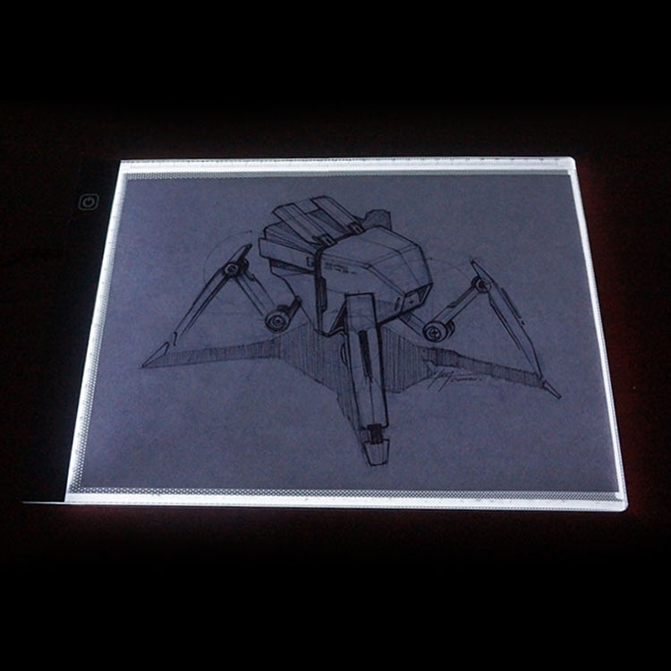 A4 LED acrylic copy board glowing in dark, showing line-art sketch