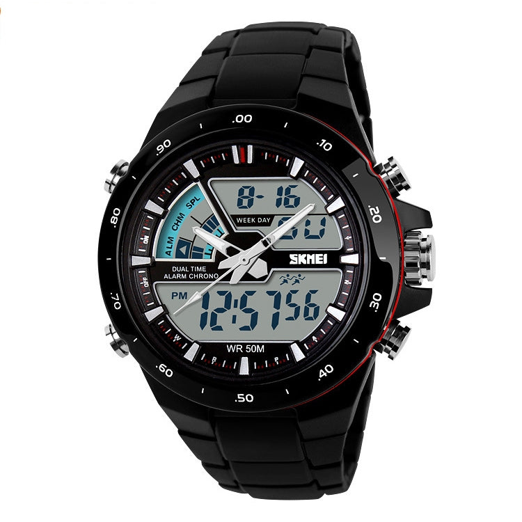 Men's waterproof multifunction sport watch, black resin band with red accents