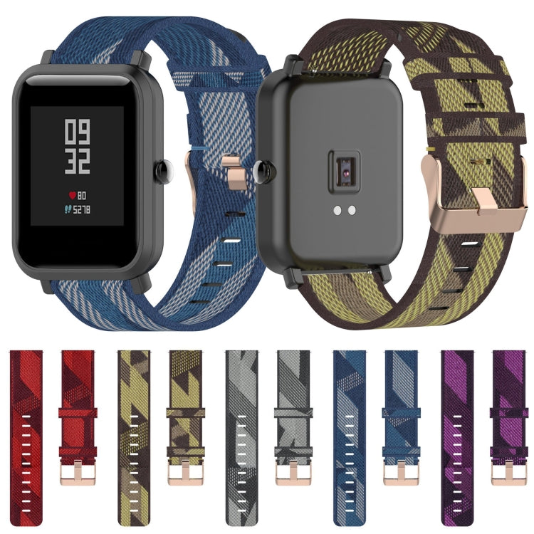 Striped 20mm nylon watch band wrist strap, blue and dark pattern, multiple colors shown