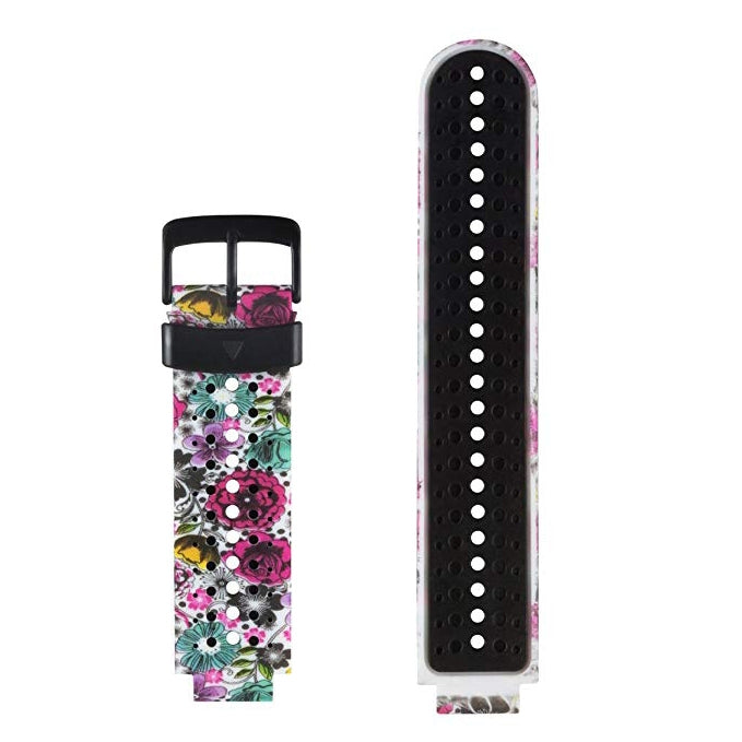 Silicone sport watch band with multicolor floral pattern, perforated strap and black clasp