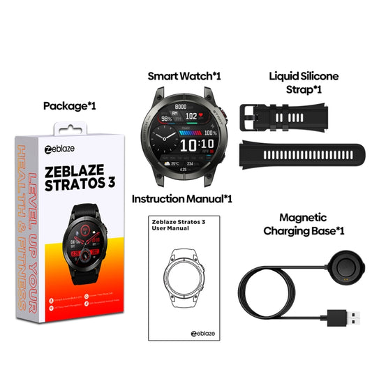 Zeblaze Stratos 3 smartwatch box set with watch, instruction manual, and charging base