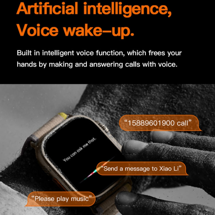 Black smartwatch on a wrist with a dark screen and voice-command style prompts.