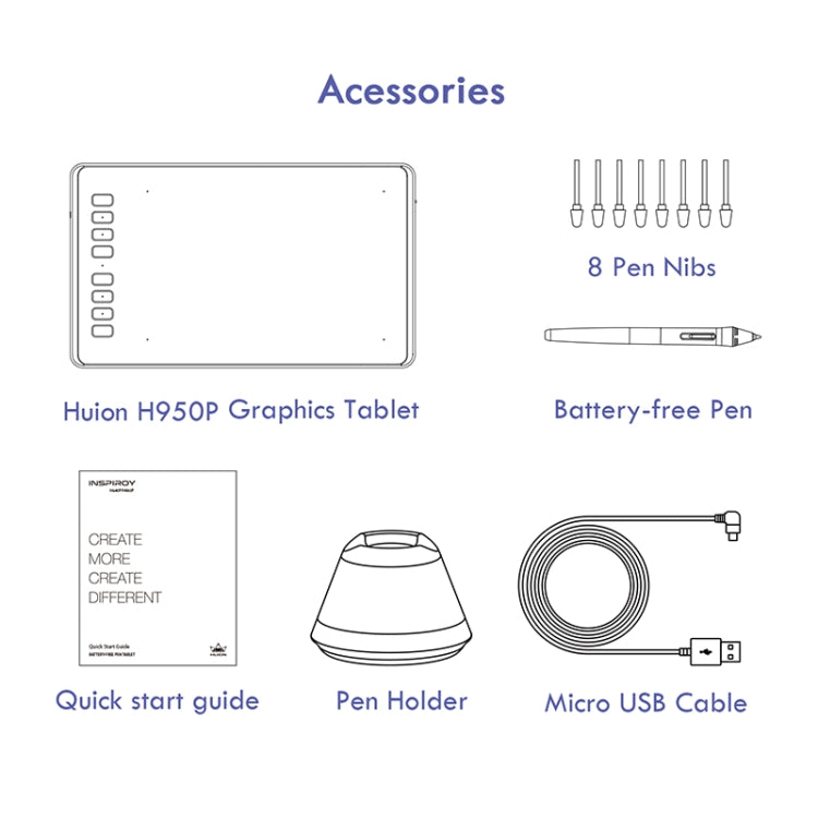 Tablet accessories: 8 pen nibs, pen holder, micro USB cable, quick start guide