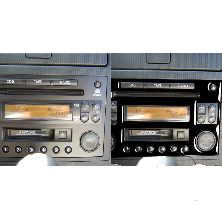 Car radio panel decorative sticker, before-and-after view showing updated radio faceplate