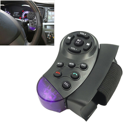 Car steering wheel multimedia remote with 11-button layout, purple-lit panel, black case