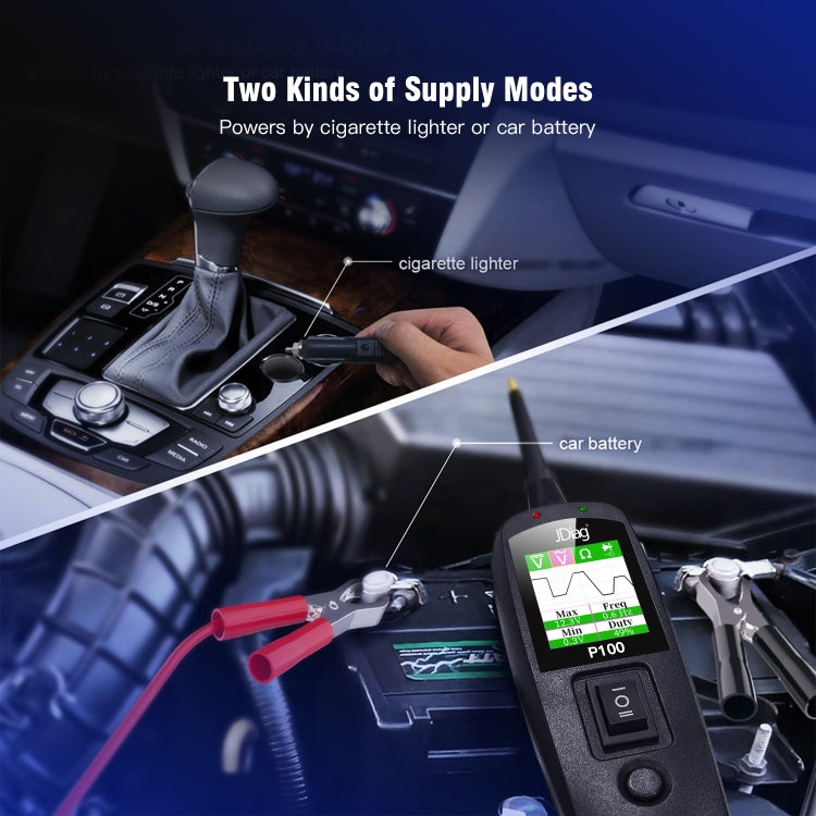 Car circuit tester connected to car battery with red and black leads