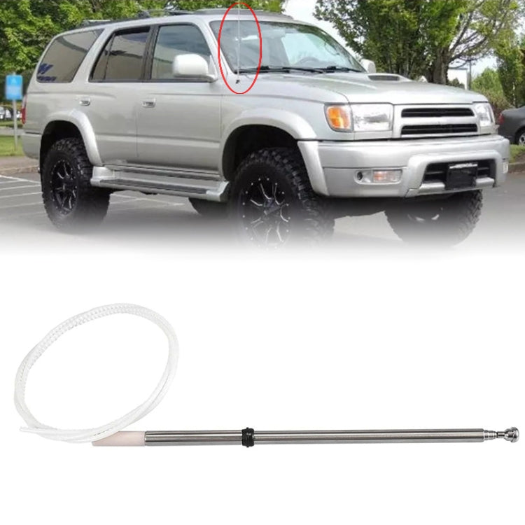 Telescopic car radio antenna with braided white cable and silver metal rod