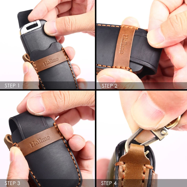 Black leather car key protective case with snap closure and tan stitching.