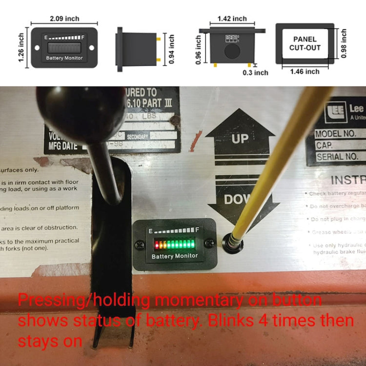 Battery monitor with dimension diagram and mounted unit showing multicolor LED bar