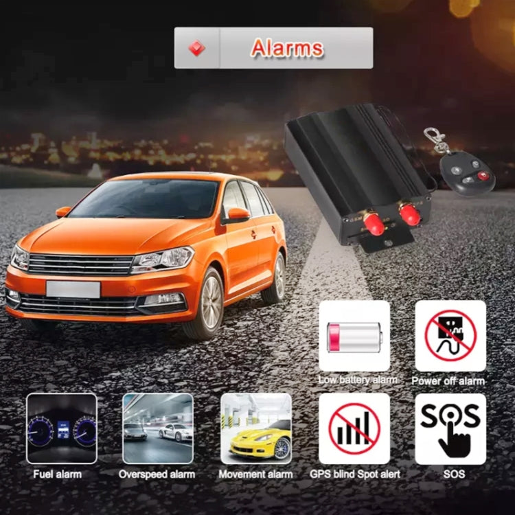 GPS tracker with key fob next to car, alarm icons and SOS indicator