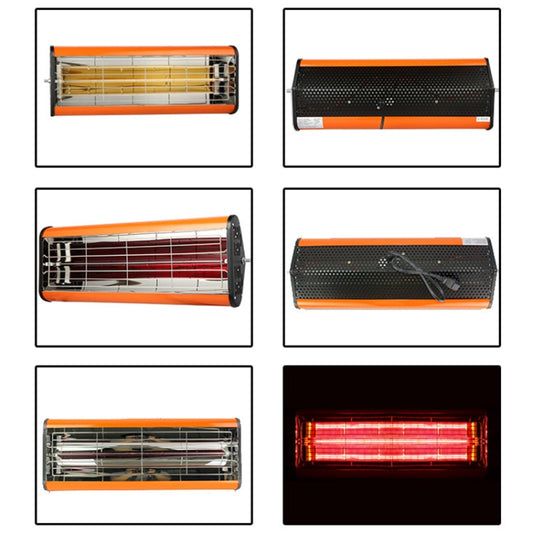 Infrared heater lamp with grille end and side vents, multiple angles collage