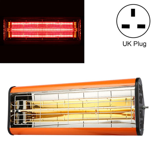 Infrared heat lamp with orange frame and glowing heater tubes, UK plug shown