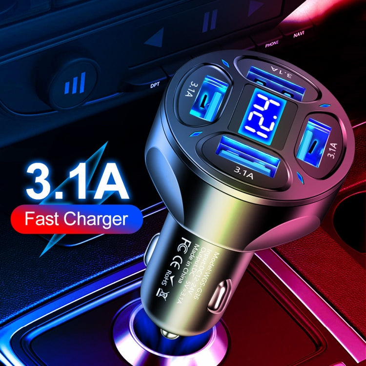 Black 4-in-1 car charger with blue LED voltmeter display and four USB ports