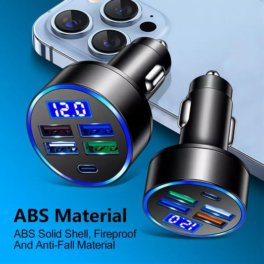 Black 5-in-1 car charger with blue LED voltmeter and multiple USB ports