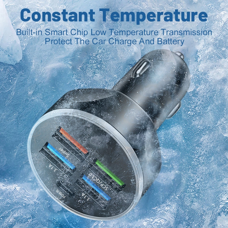 Water-resistant black 5-in-1 car charger with blue-ring digital voltmeter