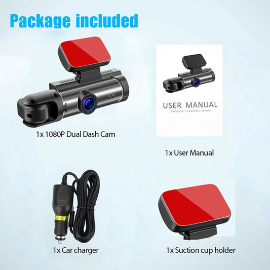 Dual-lens dash cam kit with car charger, suction mount, and user manual