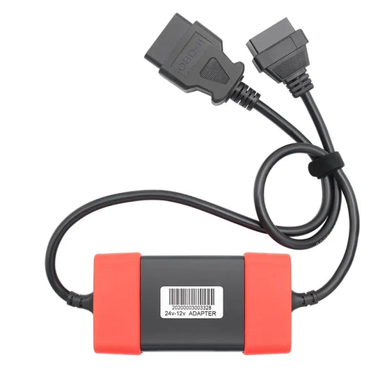 Red and black 24V-to-12V adapter module with diagnostic port connectors and label