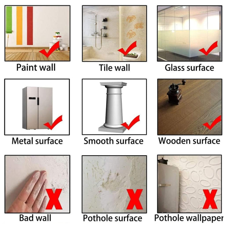 Adhesive application guide showing sticker-suitable and avoid surfaces