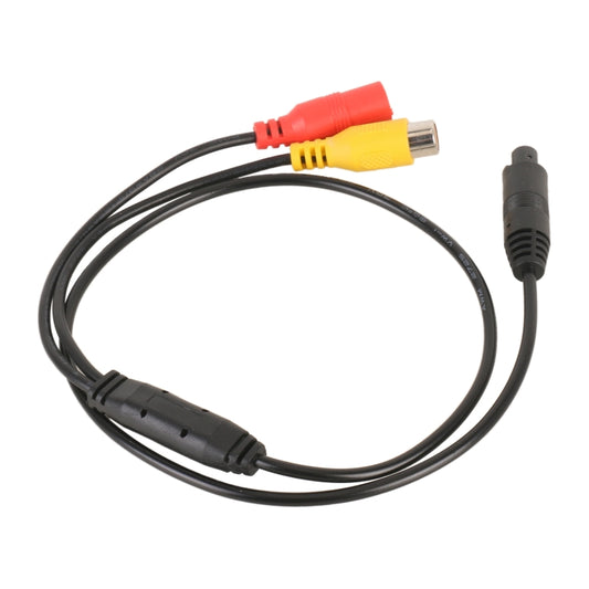 Rear view camera adapter cable with red and yellow RCA plugs and black 4-pin end
