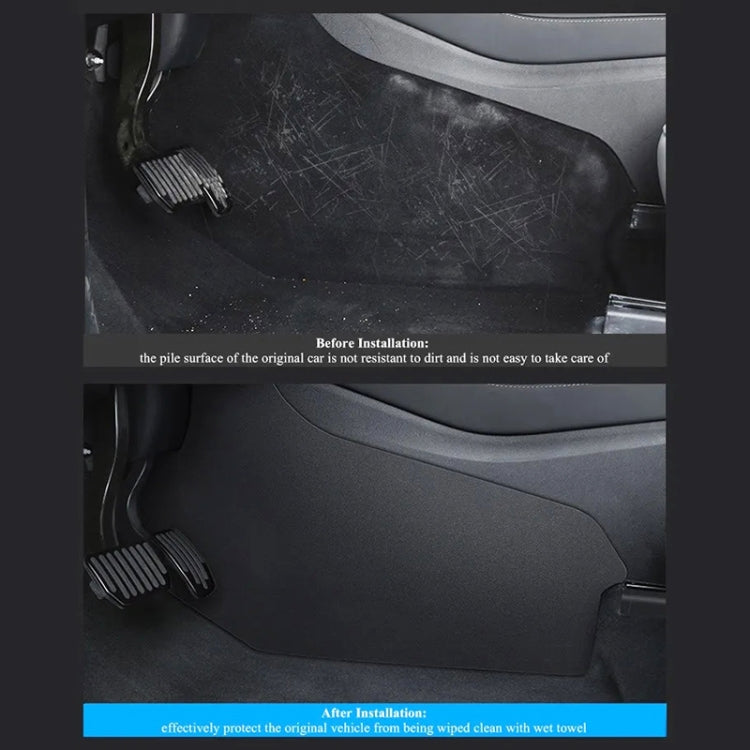 Black anti-kick pad installed on center console, before-and-after view