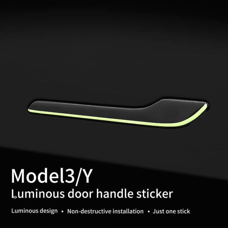 Luminous door handle sticker on car door, black trim with green glowing edge