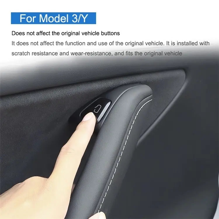 Car door window control panel with installed black window lift button sticker, finger pointing