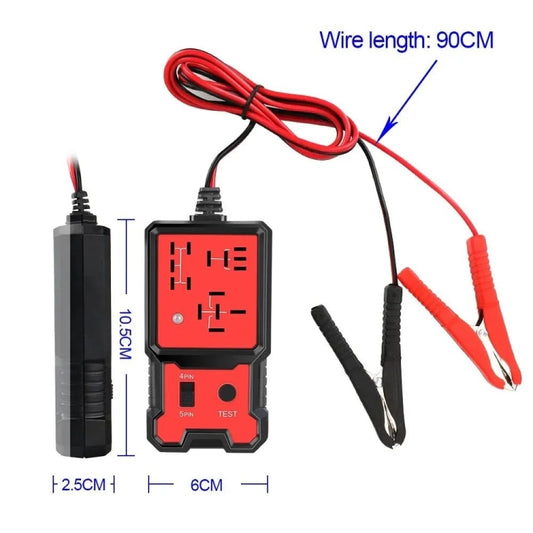 Automotive relay tester with long red-and-black cables and alligator clip leads