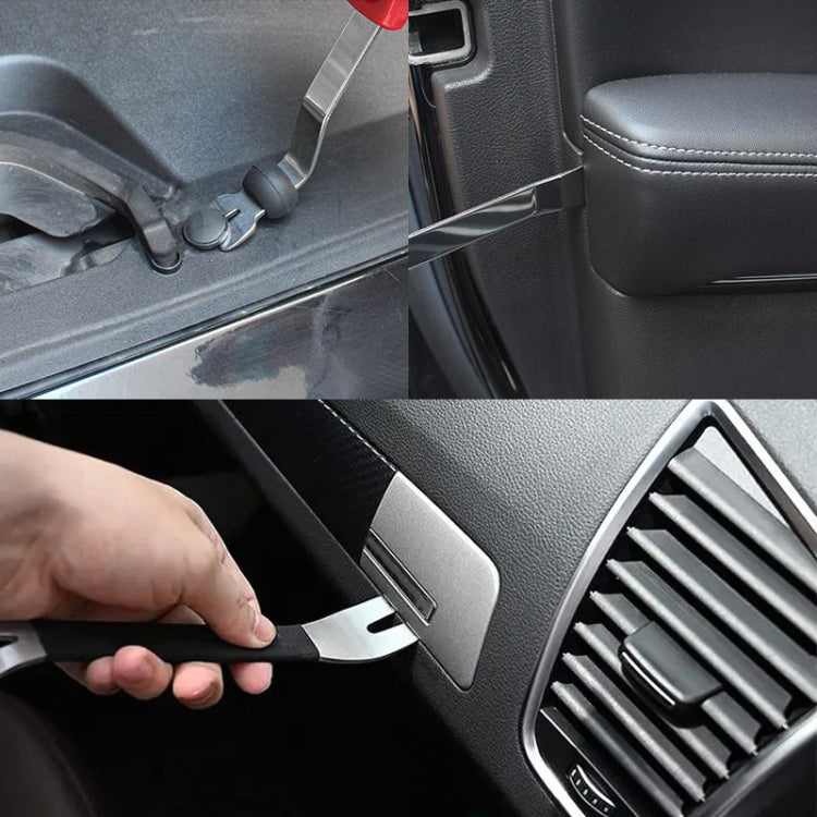 Car trim pry tool being used to lift panel in a dashboard area