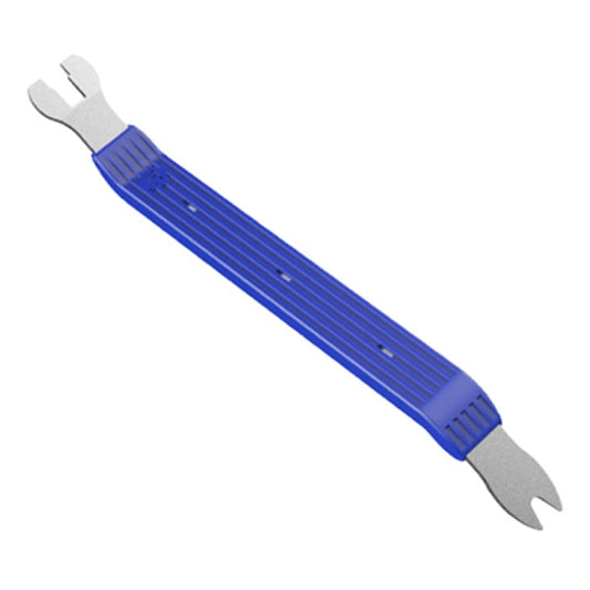 Blue car door panel removal tool with two-prong fork ends and ridged grip handle.