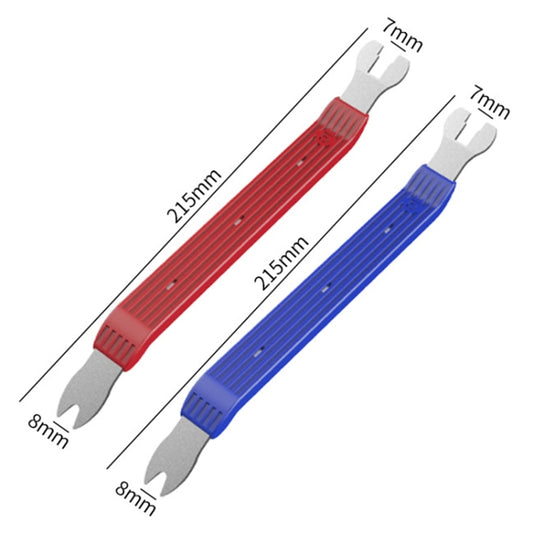 Red and blue car door panel removal tools with prongs; size markings shown.