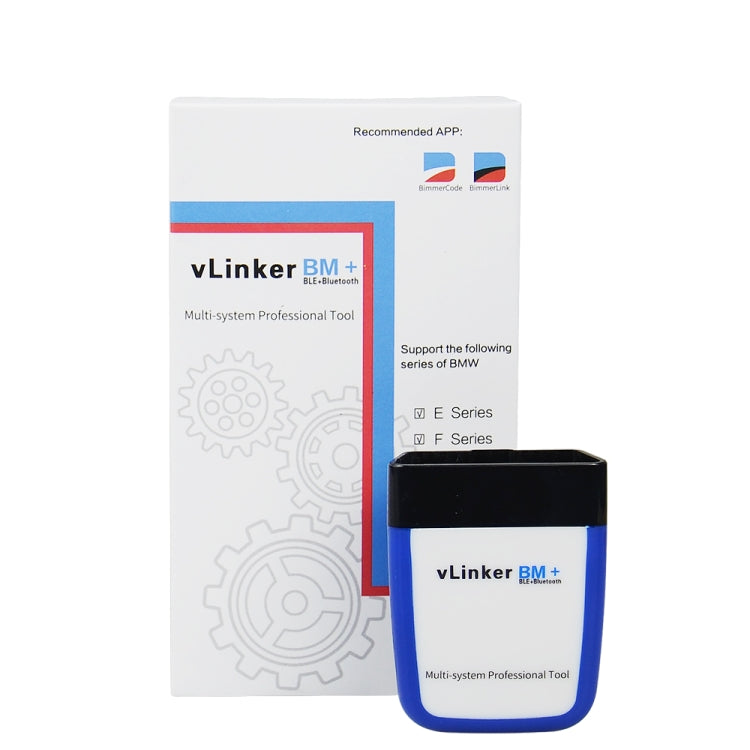 vLinker BM+ Bluetooth OBD tool with retail box packaging, blue-and-black design